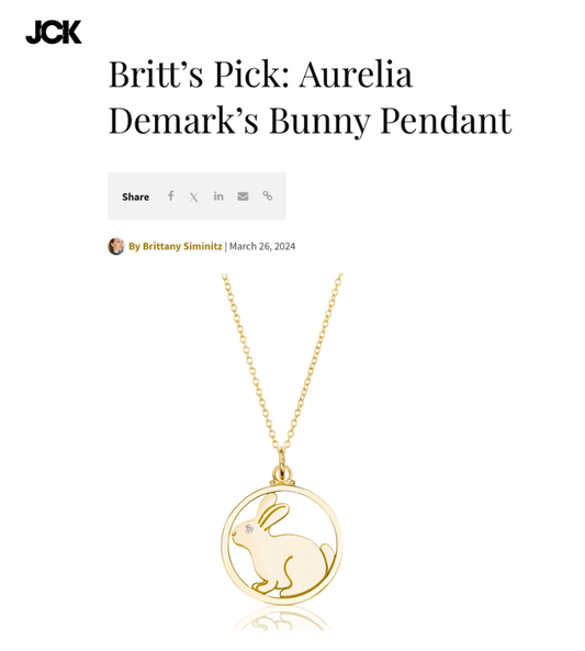 JCK "Britt's Pick" feature on Aurelia Demark's 18k gold bunny pendant, March 2024