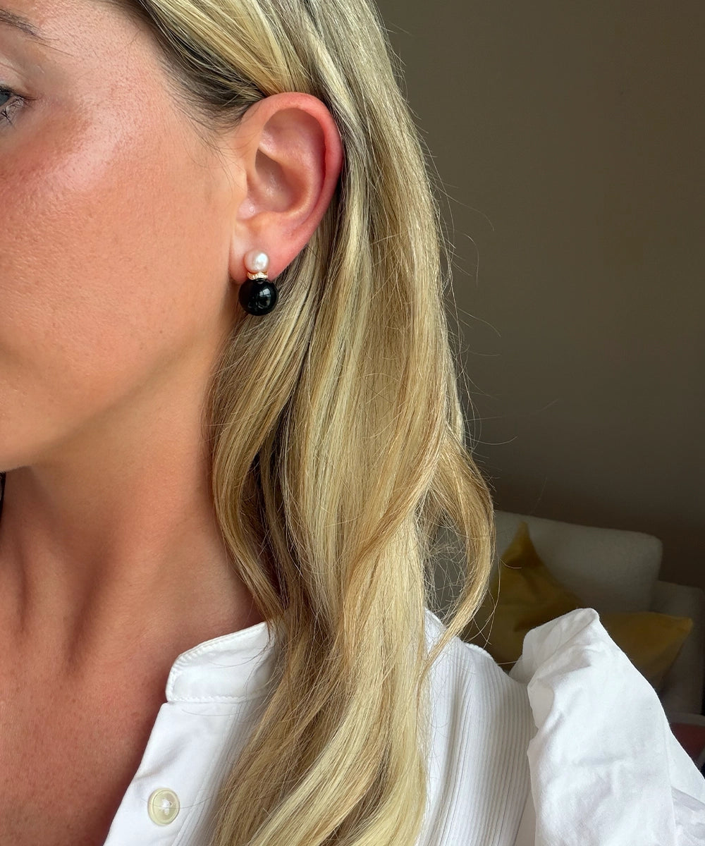 Ric Rac Bead Earrings, Pink Pearl and Black Onyx