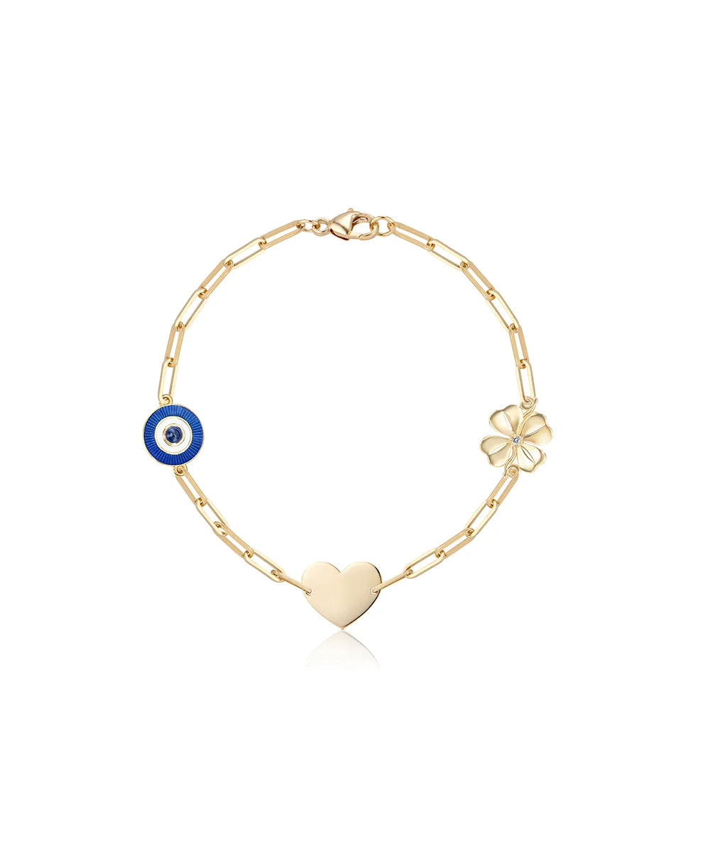 Evil Eye, Heart, Four Leaf Clover Bracelet