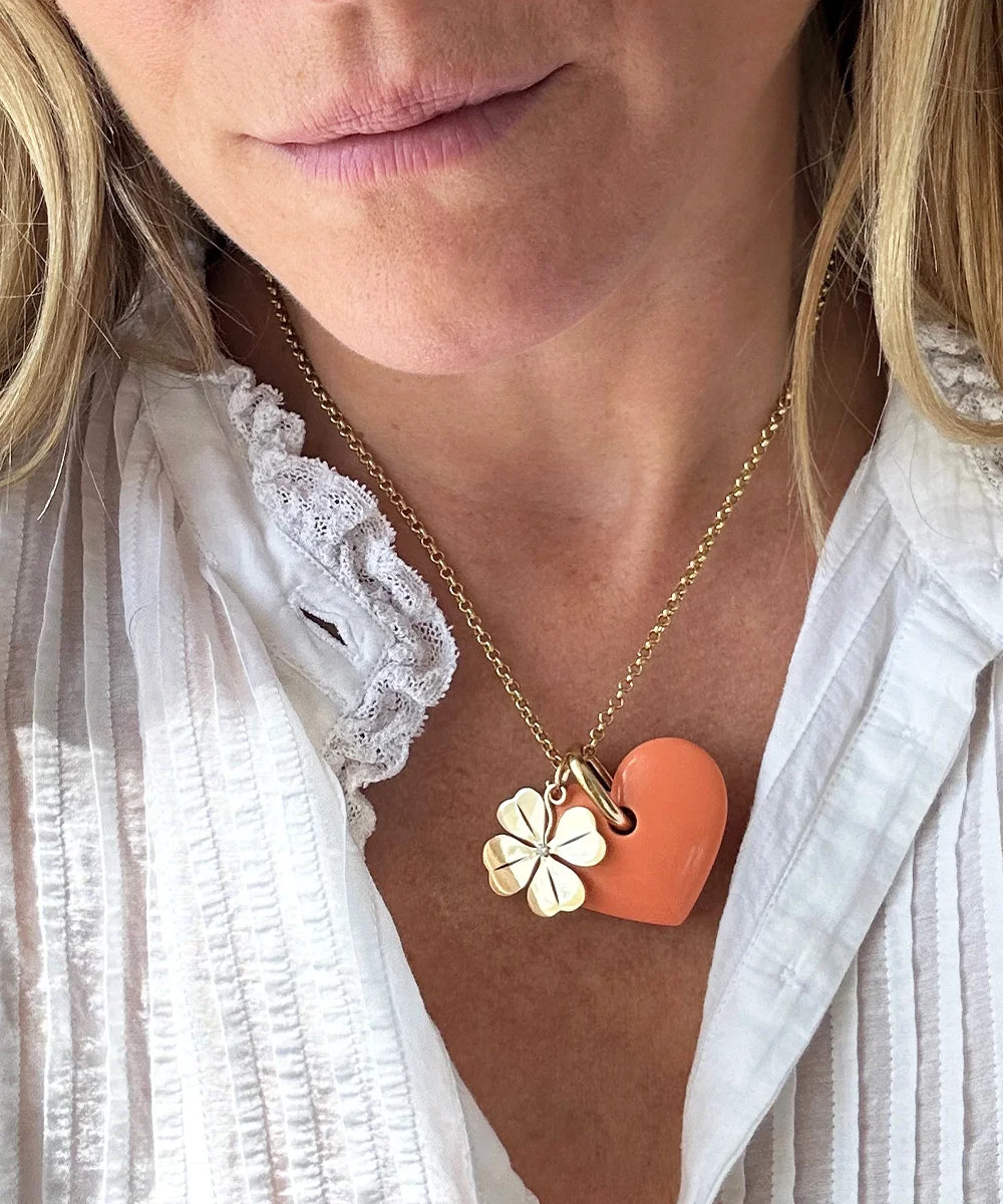 Coral Heart Pendant and Four Leaf Clover on 18" Rolo Necklace