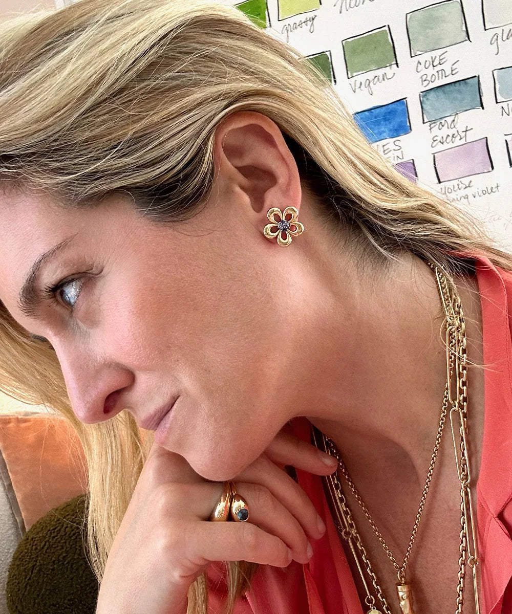 Eyelet Flower Blue Sapphire Earrings, 19mm