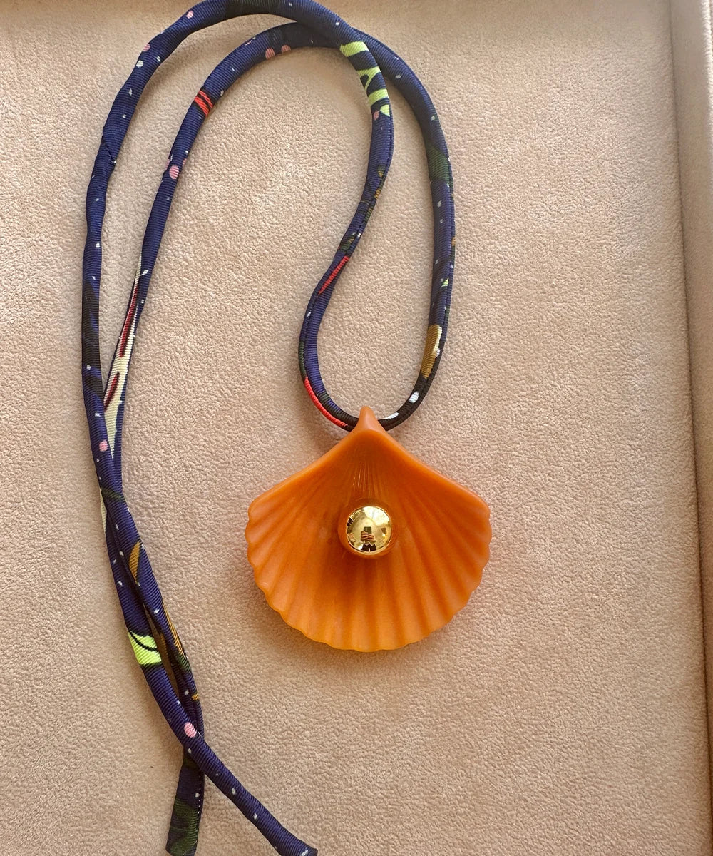 Orange Coral Seashell Necklace, Printed Cord
