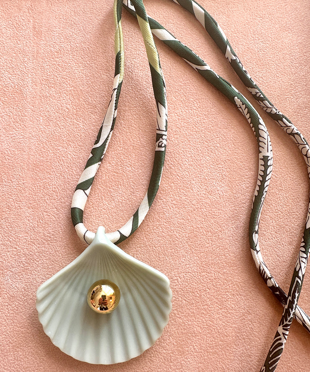 Sea Glass Seashell Necklace, Printed Cord