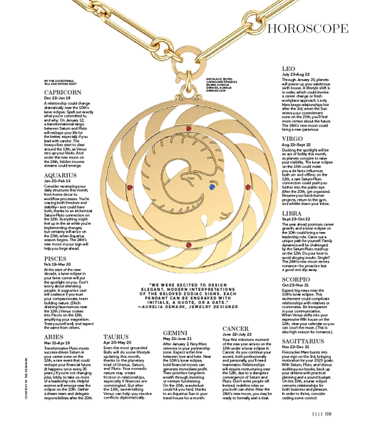 Elle magazine horoscope page featuring the Aurelia Demark Capricorn Pendant necklace