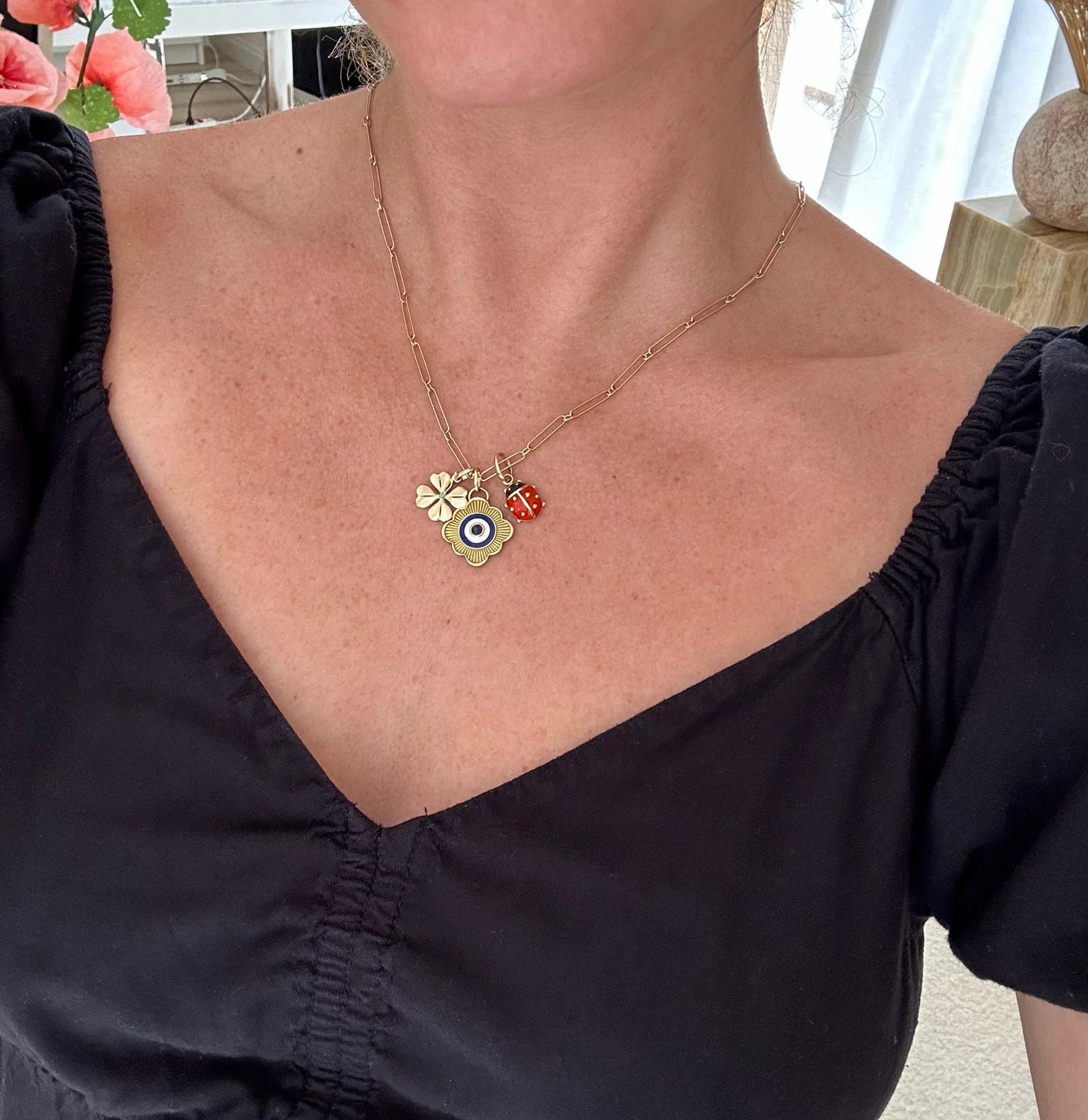 Evil Eye, Four Leaf Clover, and Ladybug Pendant on 18" Mini Aurelia Necklace