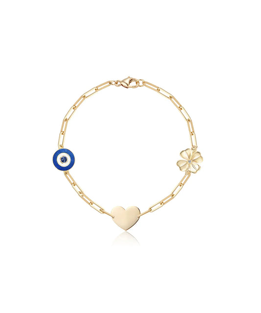 Evil Eye, Heart, Four Leaf Clover Bracelet