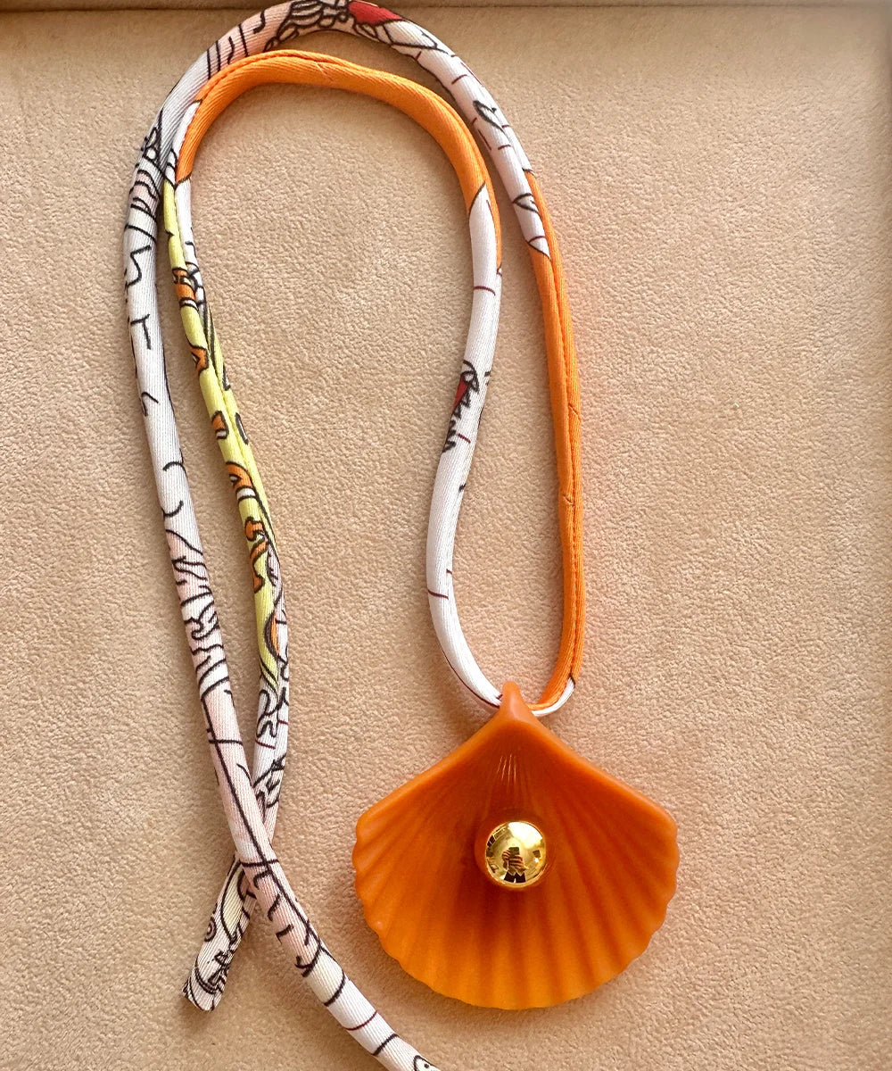 Orange Coral Seashell Necklace, Printed Cord