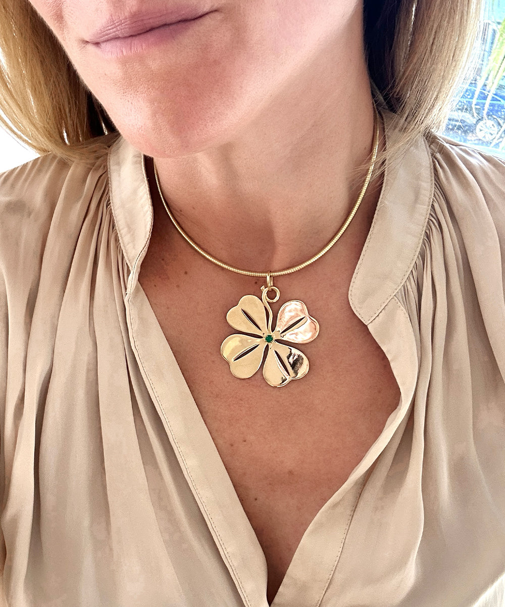 Grand Four Leaf Clover Pendant on Flex Wire Necklace