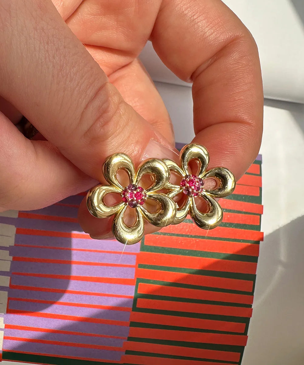 Eyelet Flower Ruby and Rhodolite Earrings