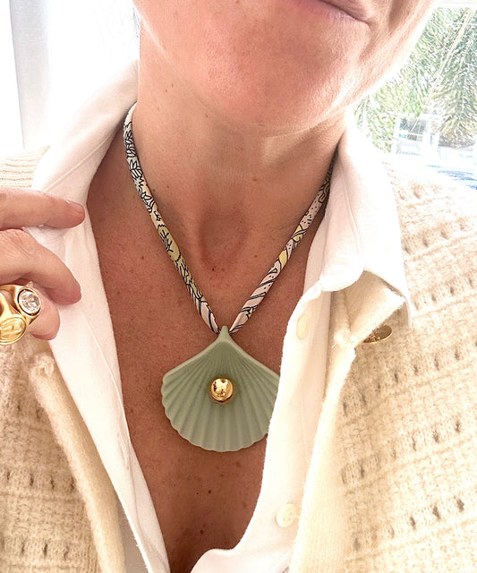 Sea Glass Seashell Necklace, Printed Cord