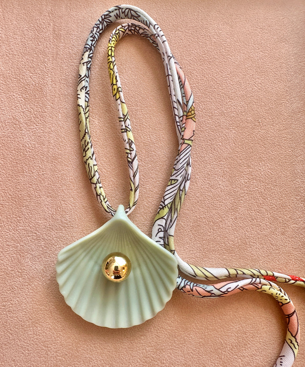 Sea Glass Seashell Necklace, Printed Cord