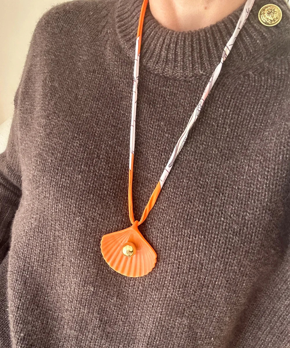 Orange Coral Seashell Necklace, Printed Cord