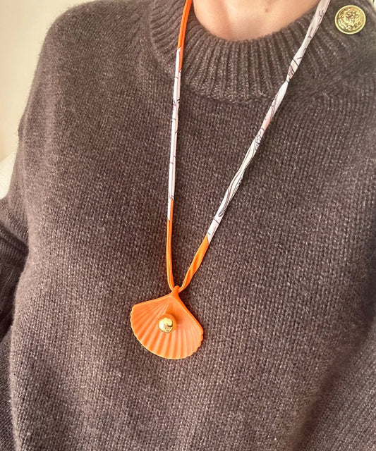 Orange Coral Seashell Necklace, Printed Cord