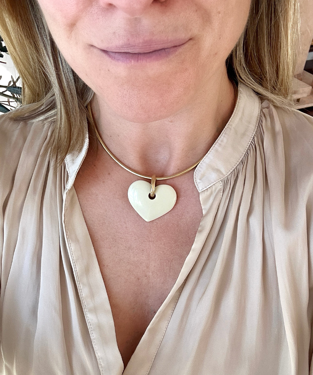 40mm White Heart Pendant on the Flex Wire Necklace