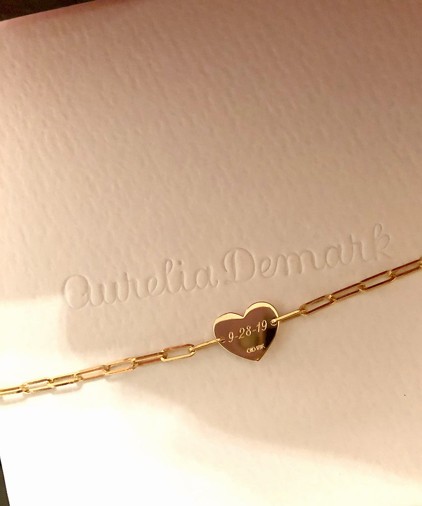 Delicate Heart Bracelet with machine engraved date. 